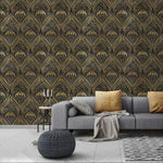 Gold and Black Watercolor Art Deco Pattern Wallpaper