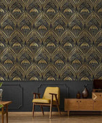 Gold and Black Watercolor Art Deco Pattern Wallpaper
