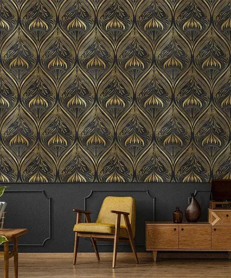 Gold and Black Watercolor Art Deco Pattern Wallpaper