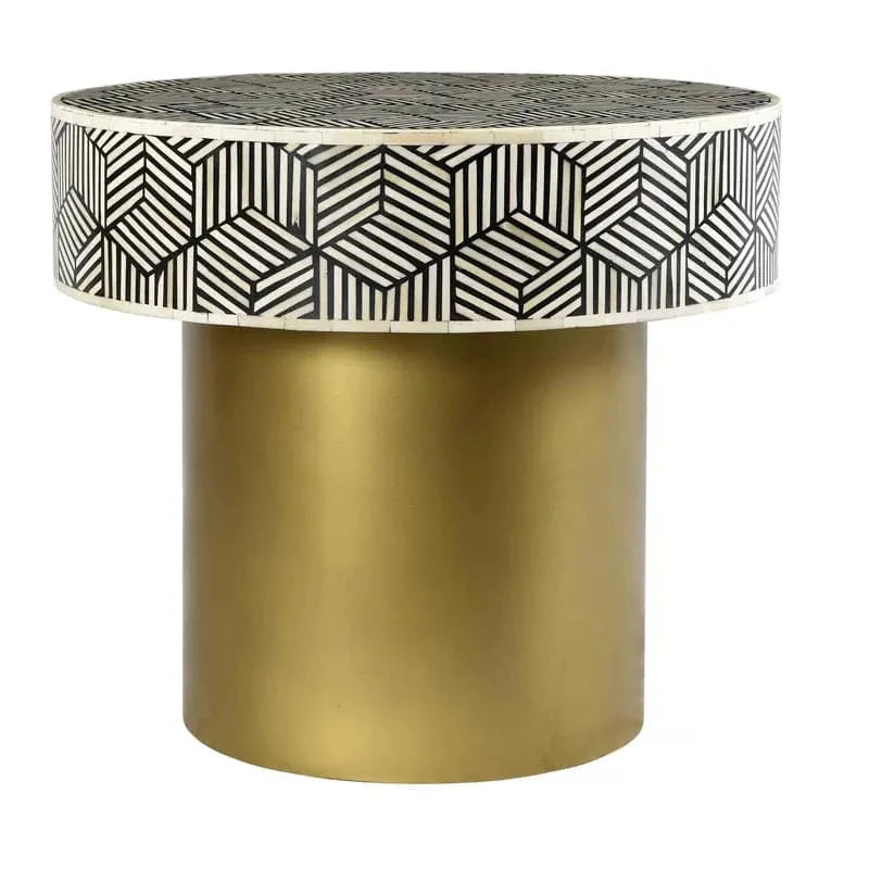 Gold Base Bone Inlay Geometric Round Accent Table