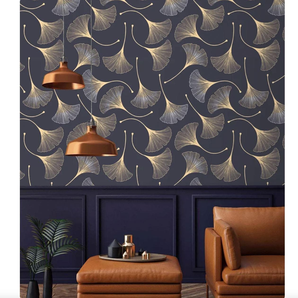 Gold Botanical Elegant Gingko Leaf Accent Wallpaper