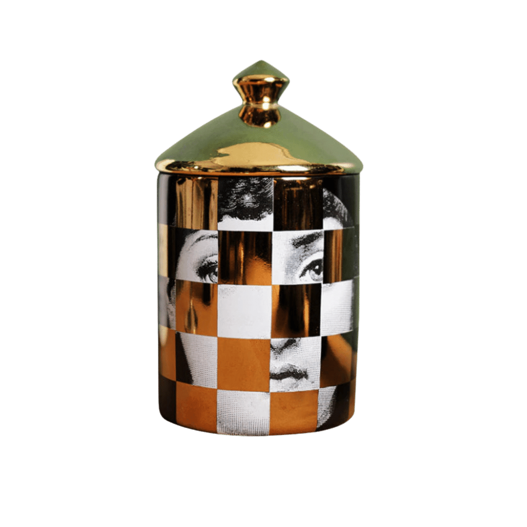 Gold Checker Lina Cavalieri Ceramic Aromatherapy Candle Jar with Lid - MAIA HOMES