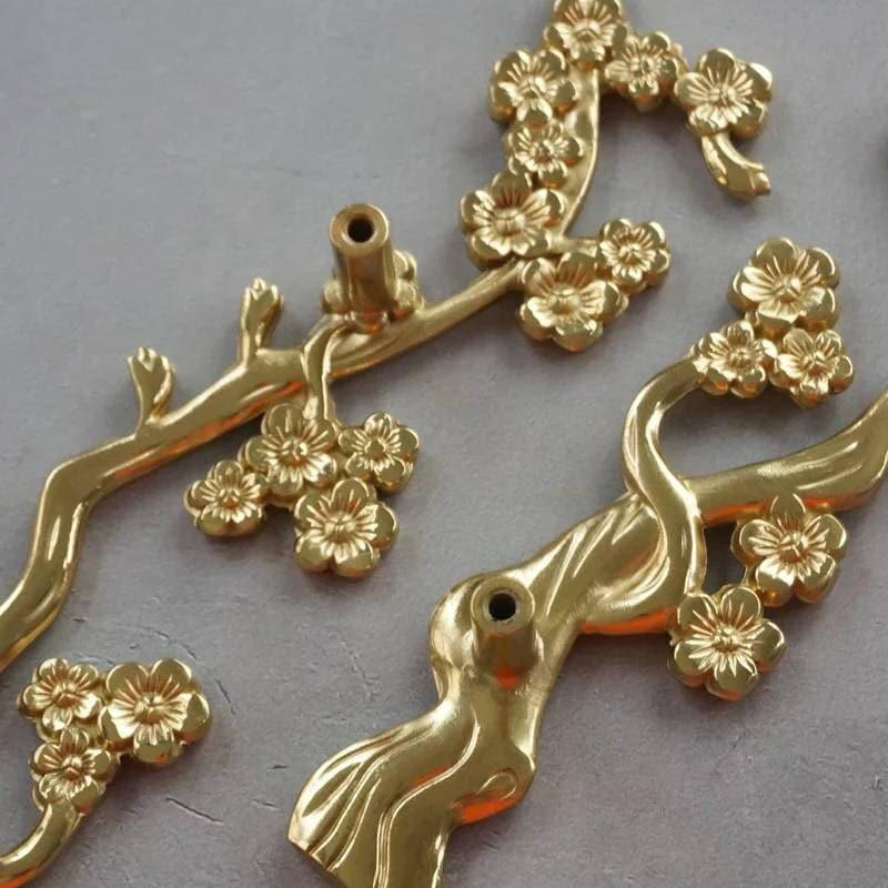 Gold Cherry Blossom Tree Branch Door Knob Handles - Set of 2