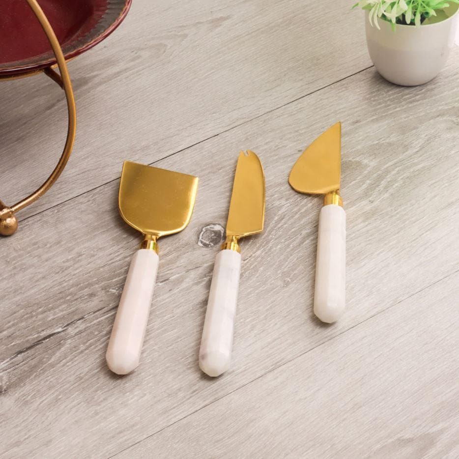 Gold Finish Marble Handle Cheese Knife Pieces, Set of 3