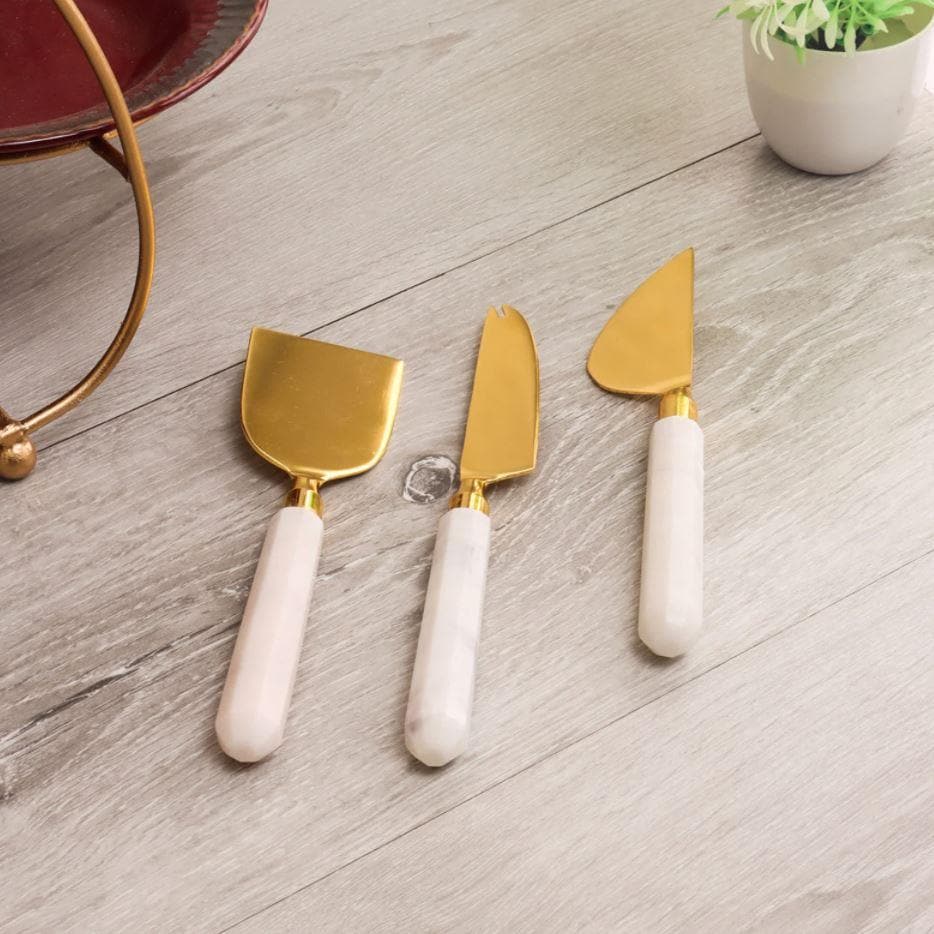 Gold Finish Marble Handle Cheese Knife Pieces, Set of 3 - MAIA HOMES