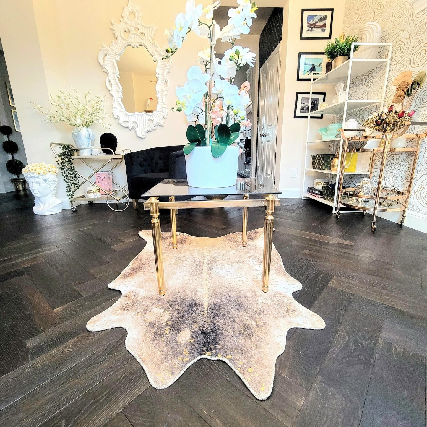 Gold Gilded Faux Cowhide Rug - MAIA HOMES