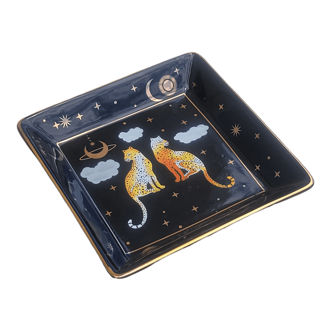 Gold Gilded Leopards in the Sky Square Porcelain Trinket Decorative Tray - MAIA HOMES
