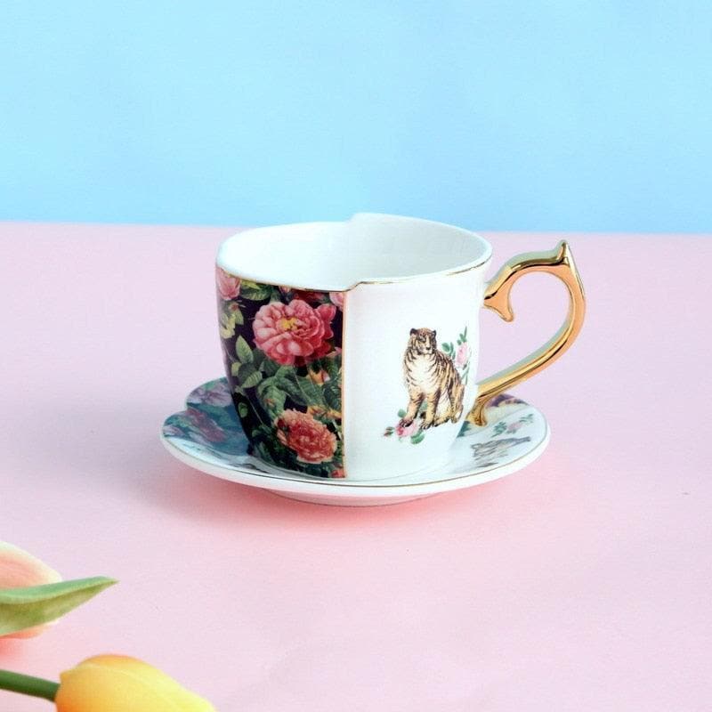 Gold Plated Retro Tigers and Rose Mug and Plate Set - MAIA HOMES