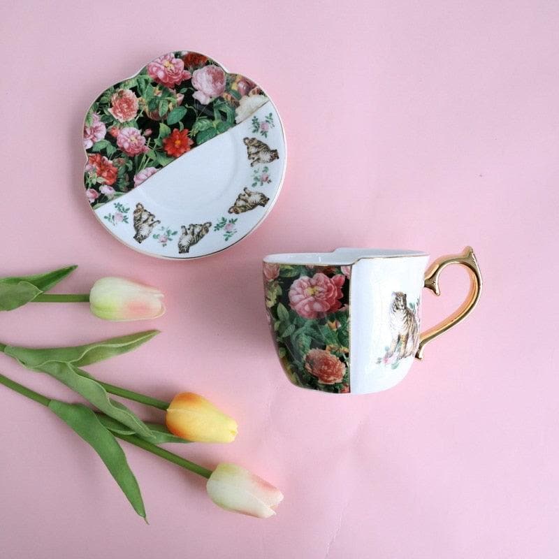 Gold Plated Retro Tigers and Rose Mug and Plate Set - MAIA HOMES