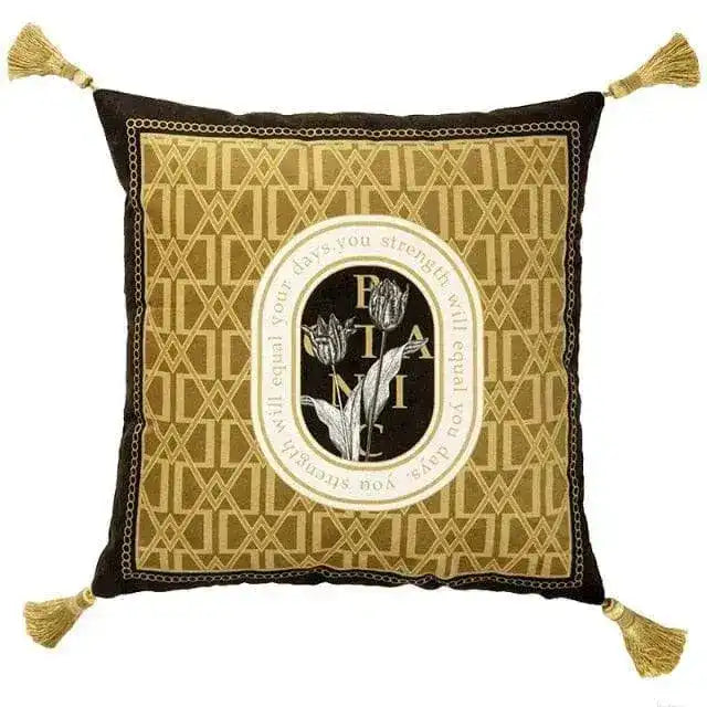 Vintage floral throw pillow with tassels, featuring a gold and black design with tulip motifs and inspirational text.