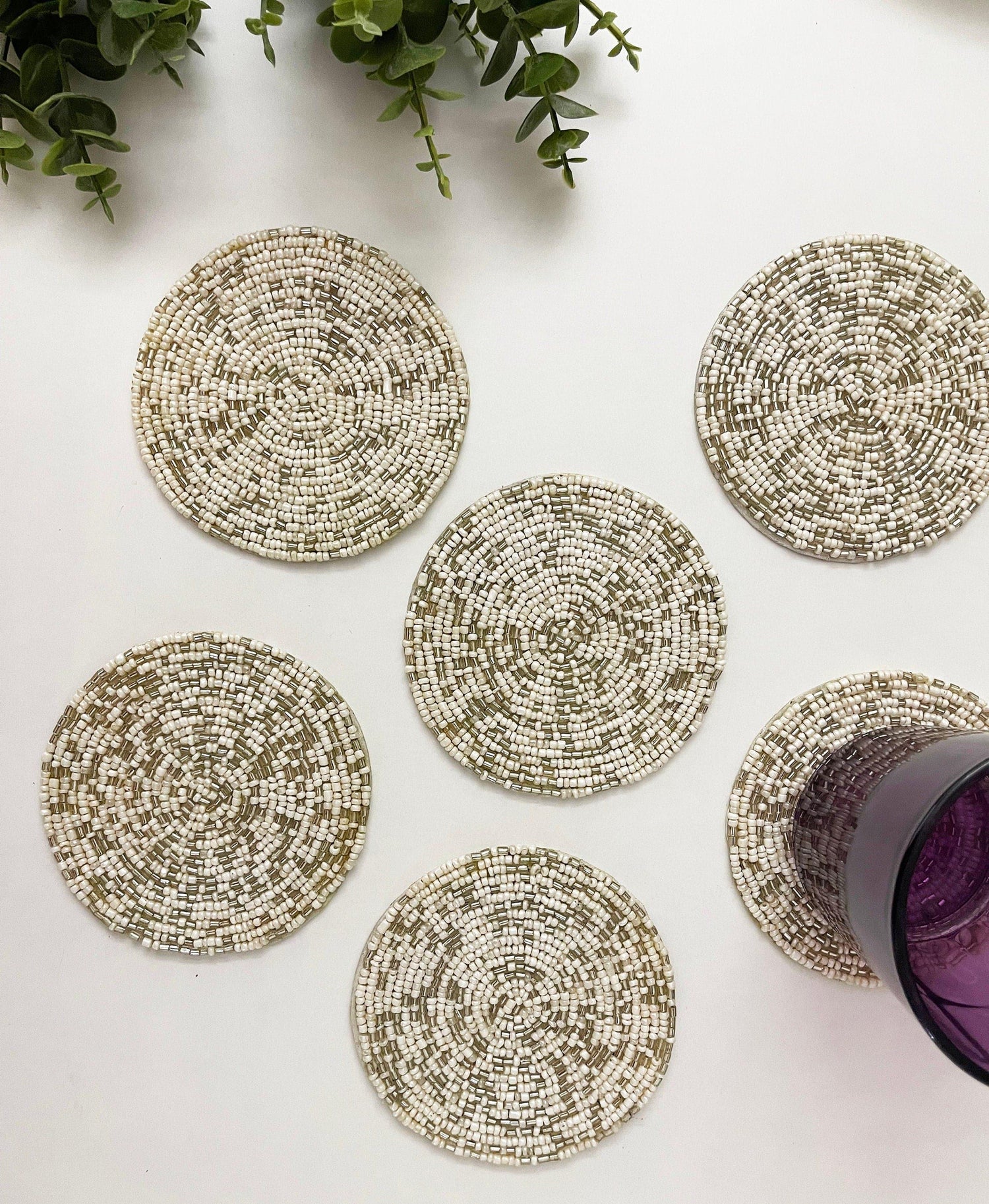 Gold Silver Round Beaded Coaster Set