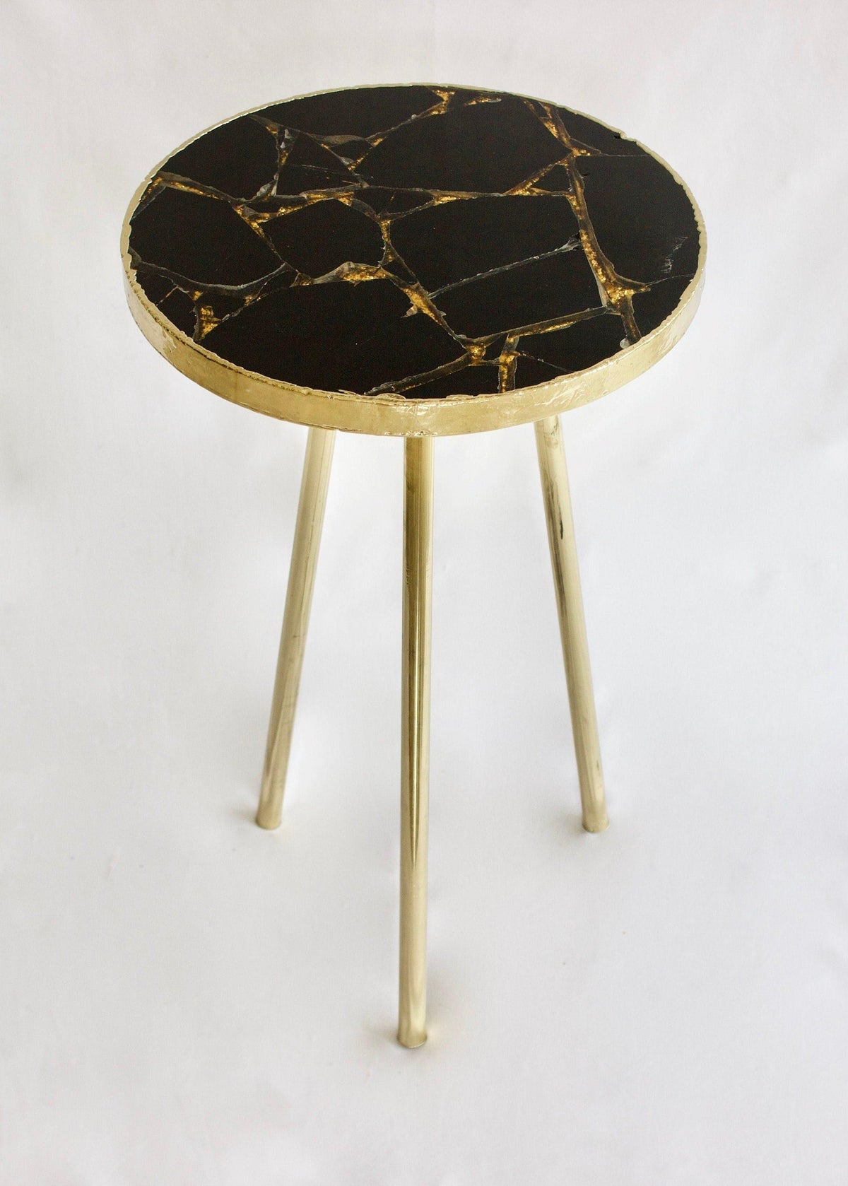 Gold Sparkle Infused Black Agate Round Accent Table 16 inches R.Gold Edge & Legs