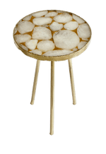 Gold Sparkle Infused White Agate Round Coffee Side Table 16 inches R.Gold Edge & Legs