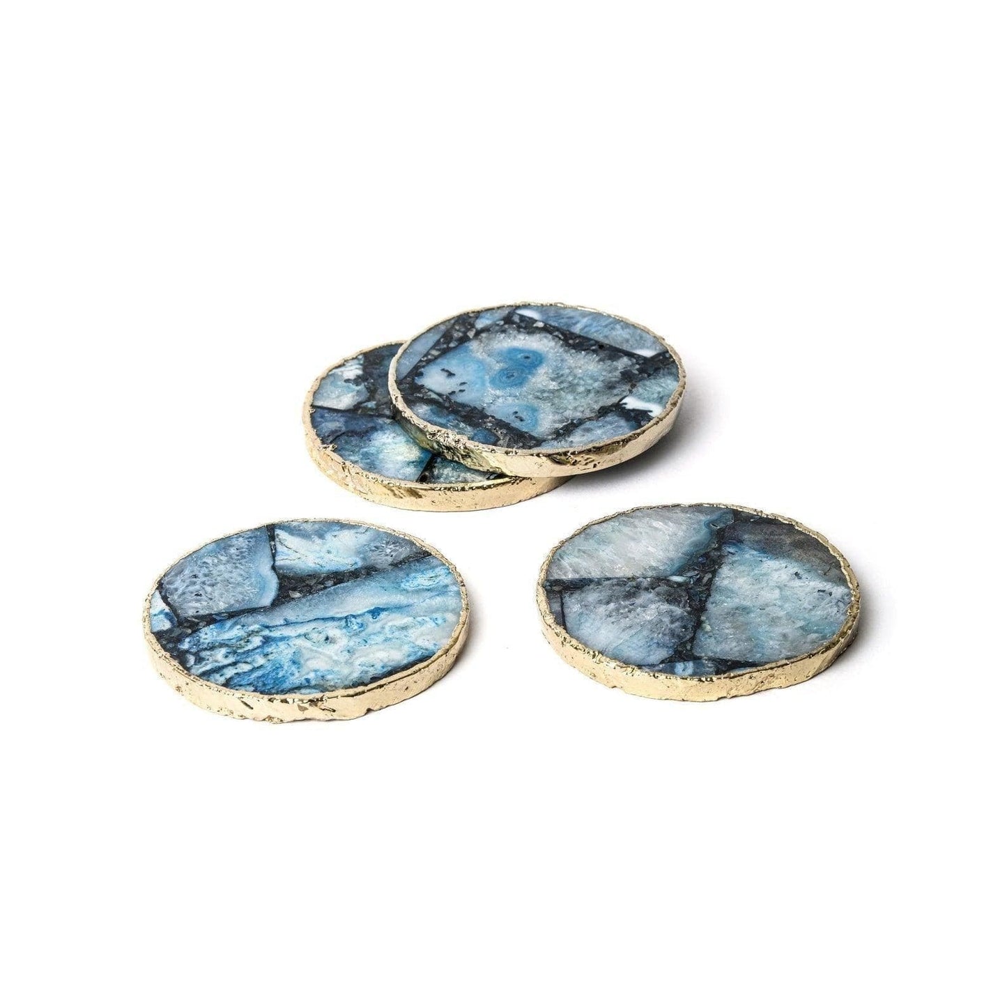 Gold Trim Round Blue Agate Crystal Geode Gemstone Coasters - Set of 4 - MAIA HOMES