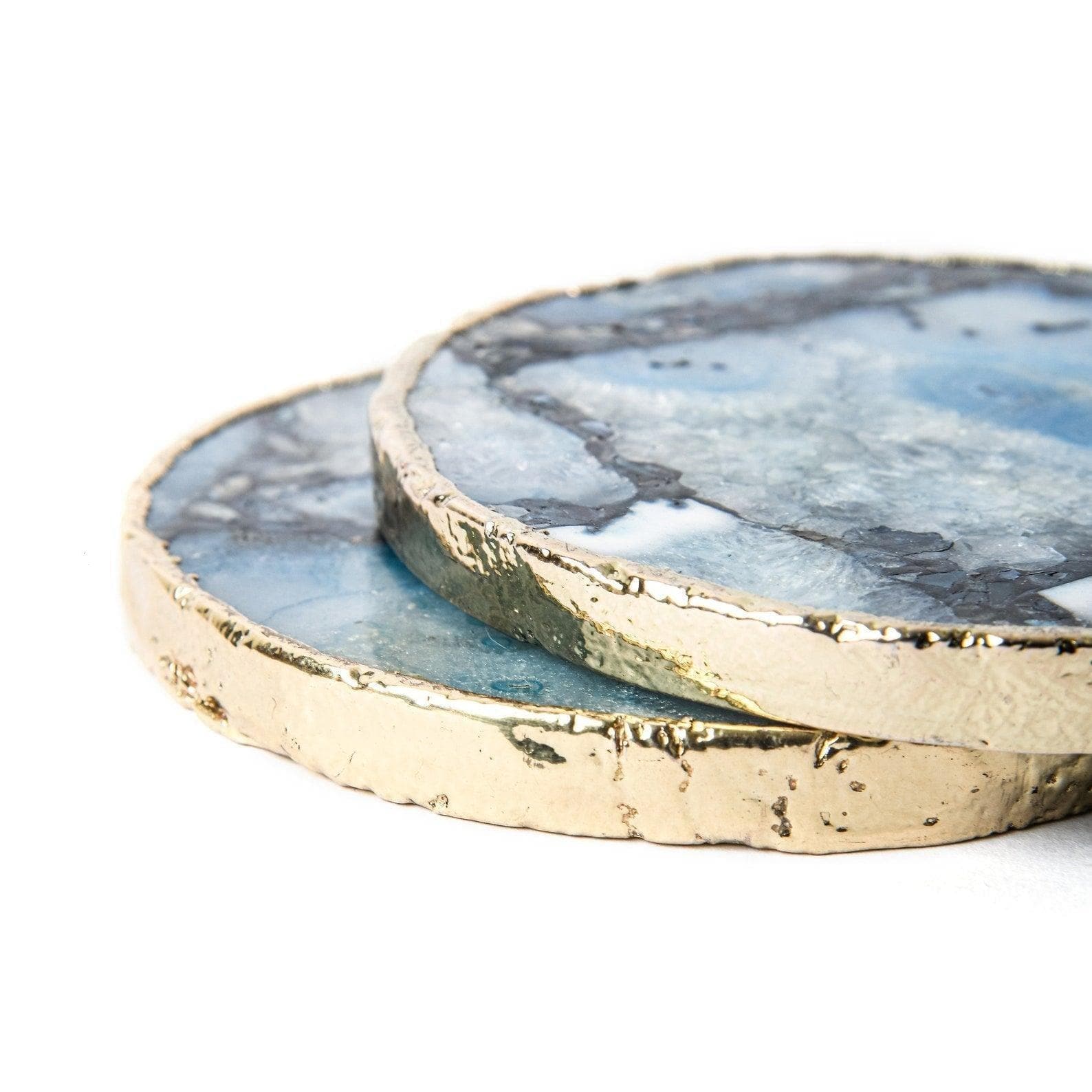 Gold Trim Round Blue Agate Crystal Geode Gemstone Coasters - Set of 4