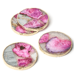 Gold Trim Round Pink Agate Crystal Geode Gemstone Coasters - Set of 4