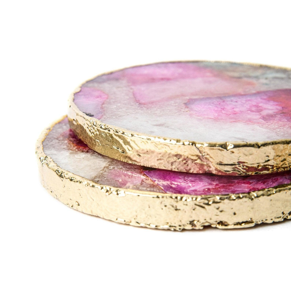 Gold Trim Round Pink Agate Crystal Geode Gemstone Coasters - Set of 4