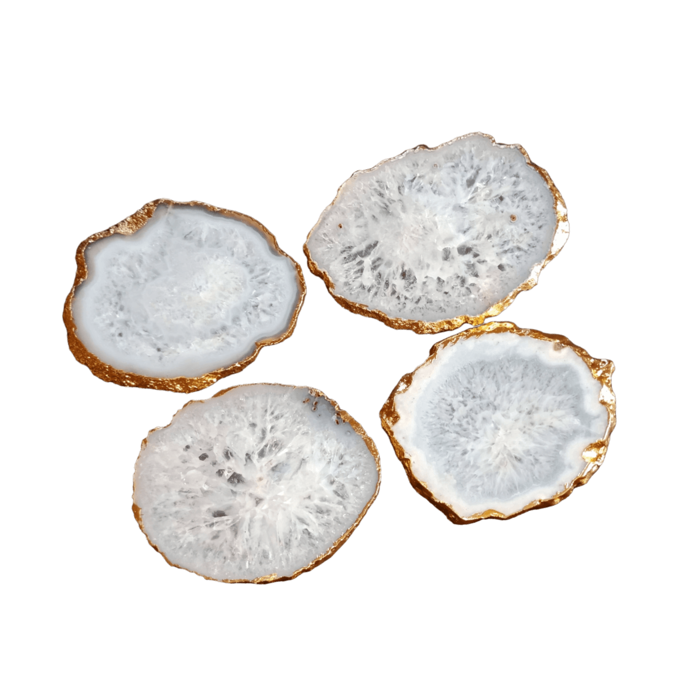 Gold Trim White Agate Crystal Geode Gemstone Coasters - Set of 4