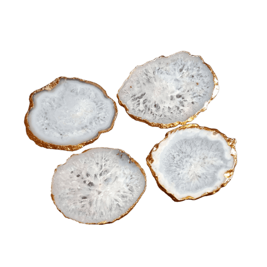 Gold Trim White Agate Crystal Geode Gemstone Coasters - Set of 4 - MAIA HOMES