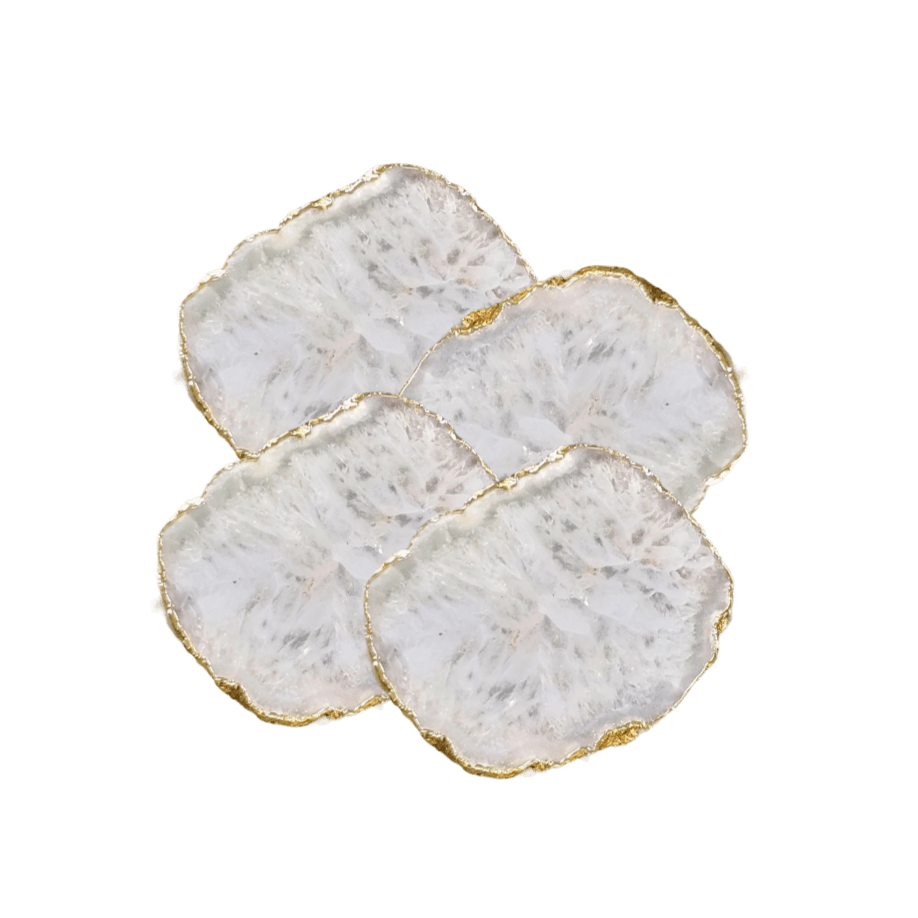 Gold Trim White Agate Crystal Geode Gemstone Coasters - Set of 4 - MAIA HOMES