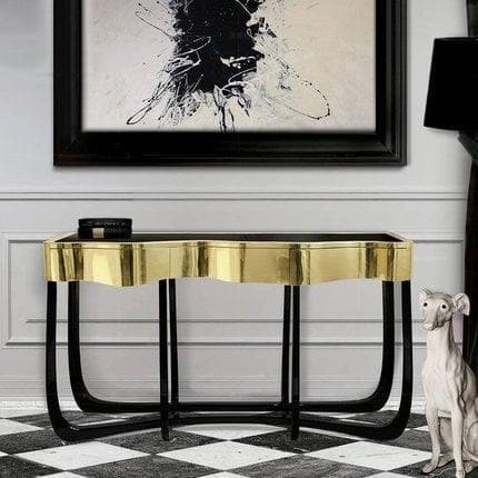 Gold Trim Wooden Irregular Console with Black Metal Legs