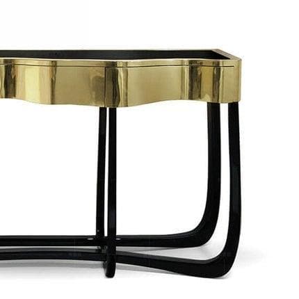 Gold Trim Wooden Irregular Console with Black Metal Legs