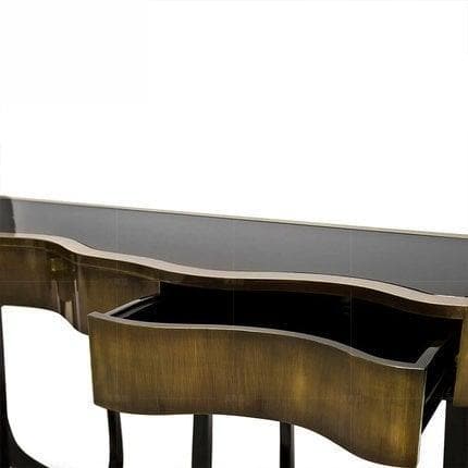 Gold Trim Wooden Irregular Console with Black Metal Legs - MAIA HOMES