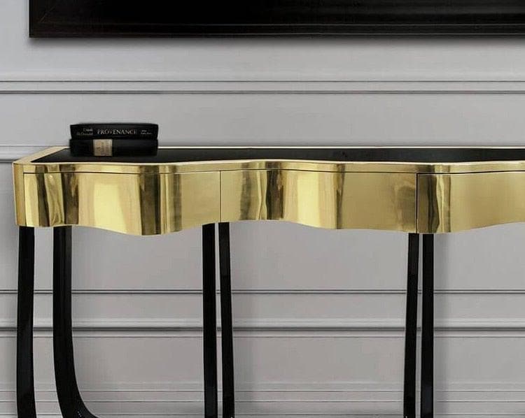 Gold Trim Wooden Irregular Console with Black Metal Legs