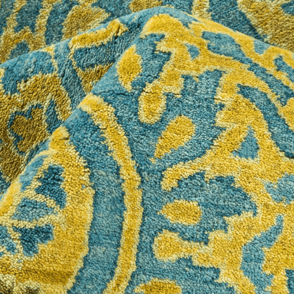 Golden and Blue Pak Khmer Hand Spun Wool Hand Knotted Area Rug