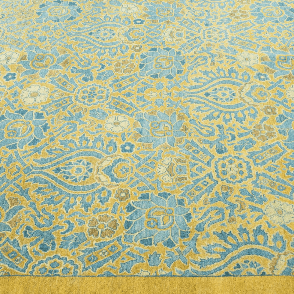 Golden and Blue Pak Khmer Hand Spun Wool Hand Knotted Area Rug