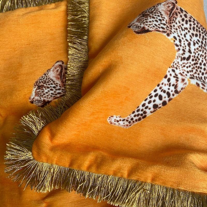 Golden Fringe Leopard Throw Pillow Cover