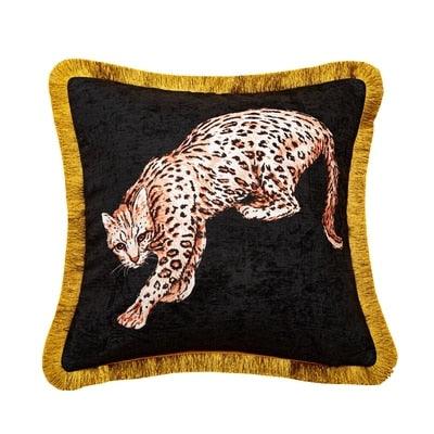 Golden Fringe Leopard Throw Pillow Cover Black Square