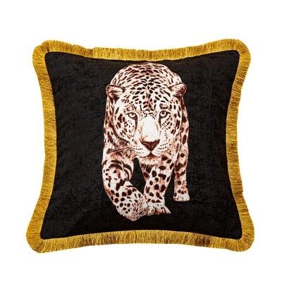 Golden Fringe Leopard Throw Pillow Cover