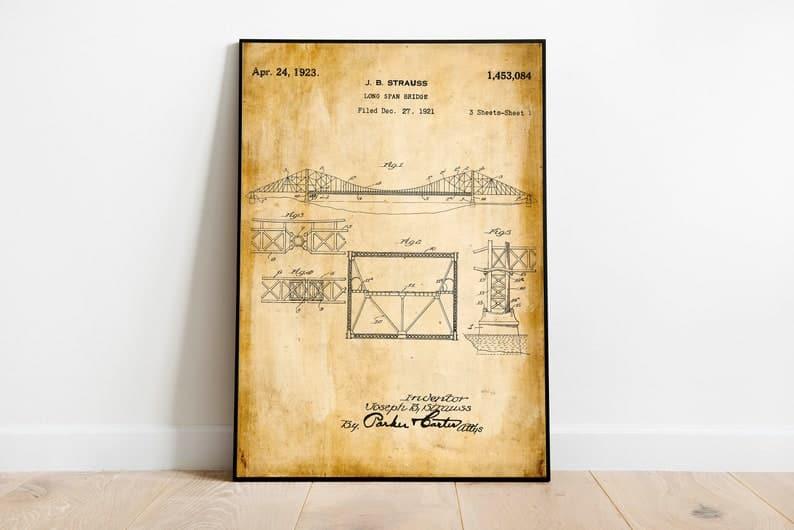 Golden Gate Bridge Patent Print| Framed Art Print