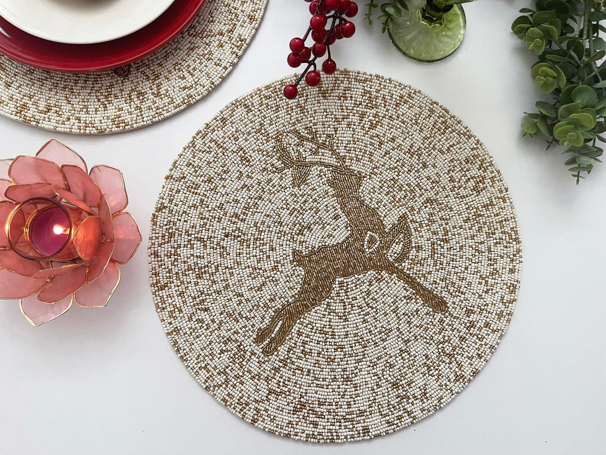 Golden Reindeer Beaded Round Placemats - Set of 6