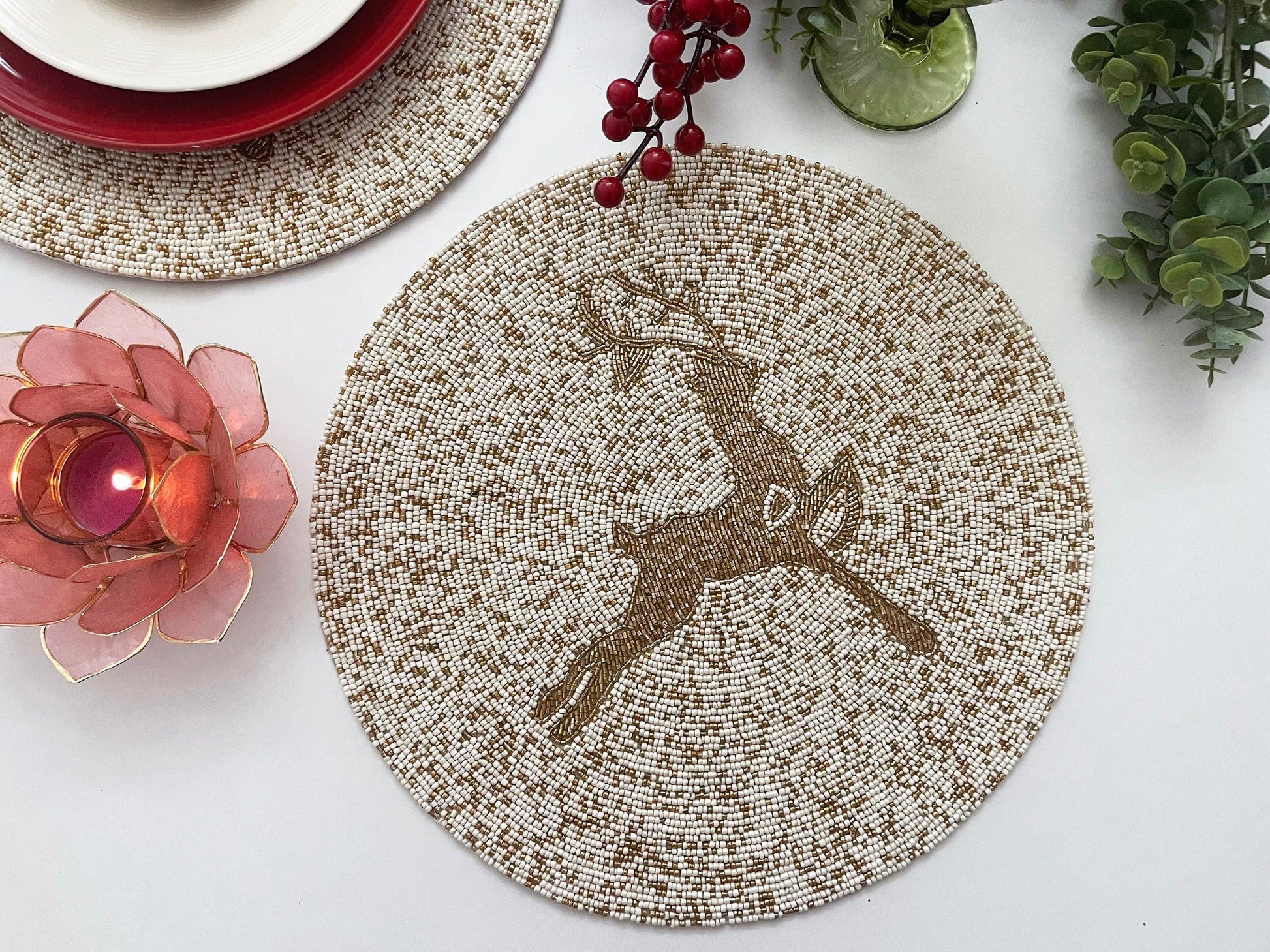 Golden Reindeer Beaded Round Placemats - Set of 6 - MAIA HOMES