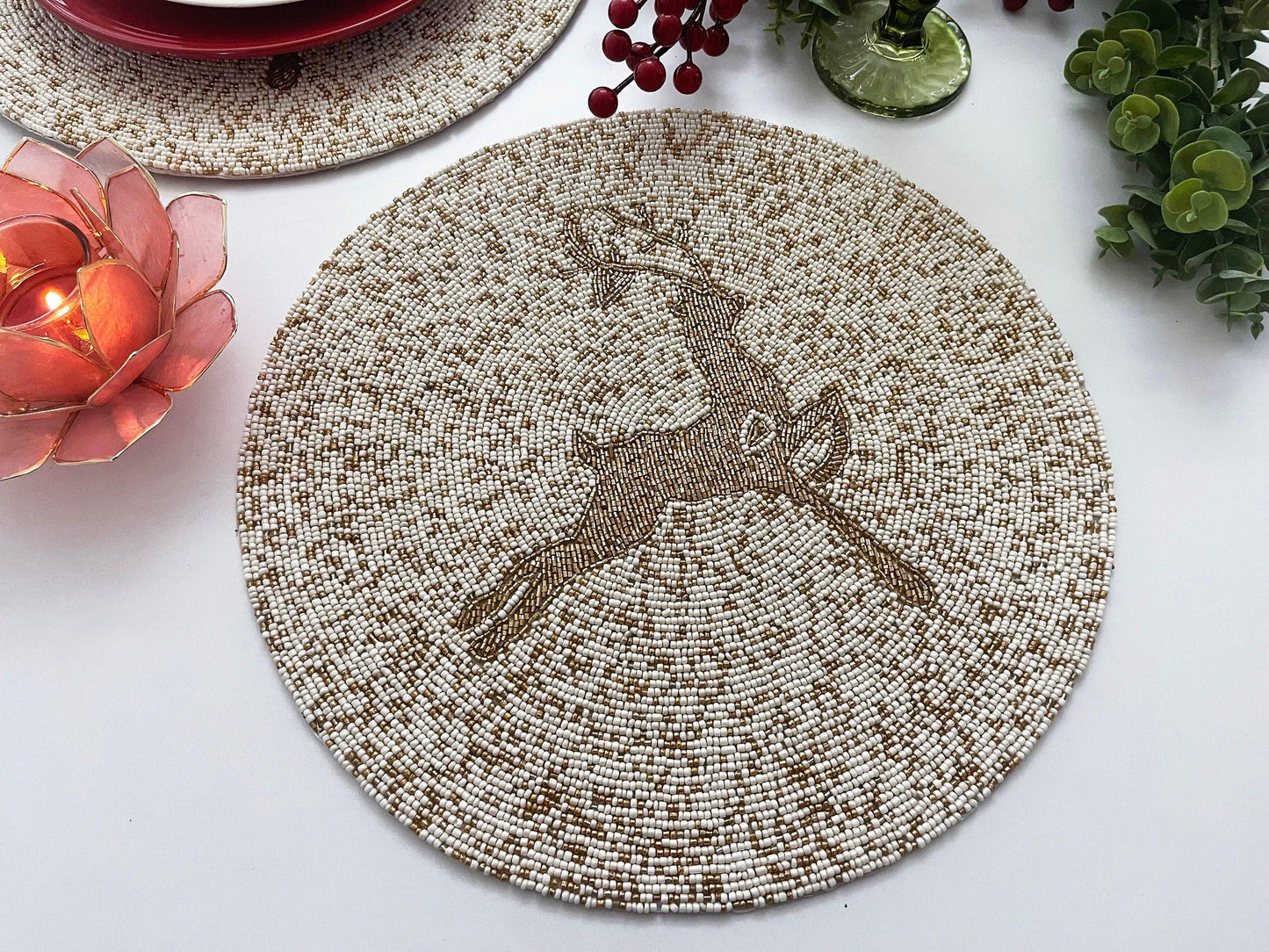Golden Reindeer Beaded Round Placemats - Set of 6 - MAIA HOMES