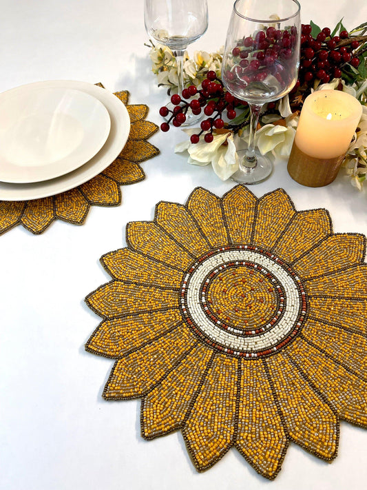 Golden Sunflower Beaded Placemat - MAIA HOMES