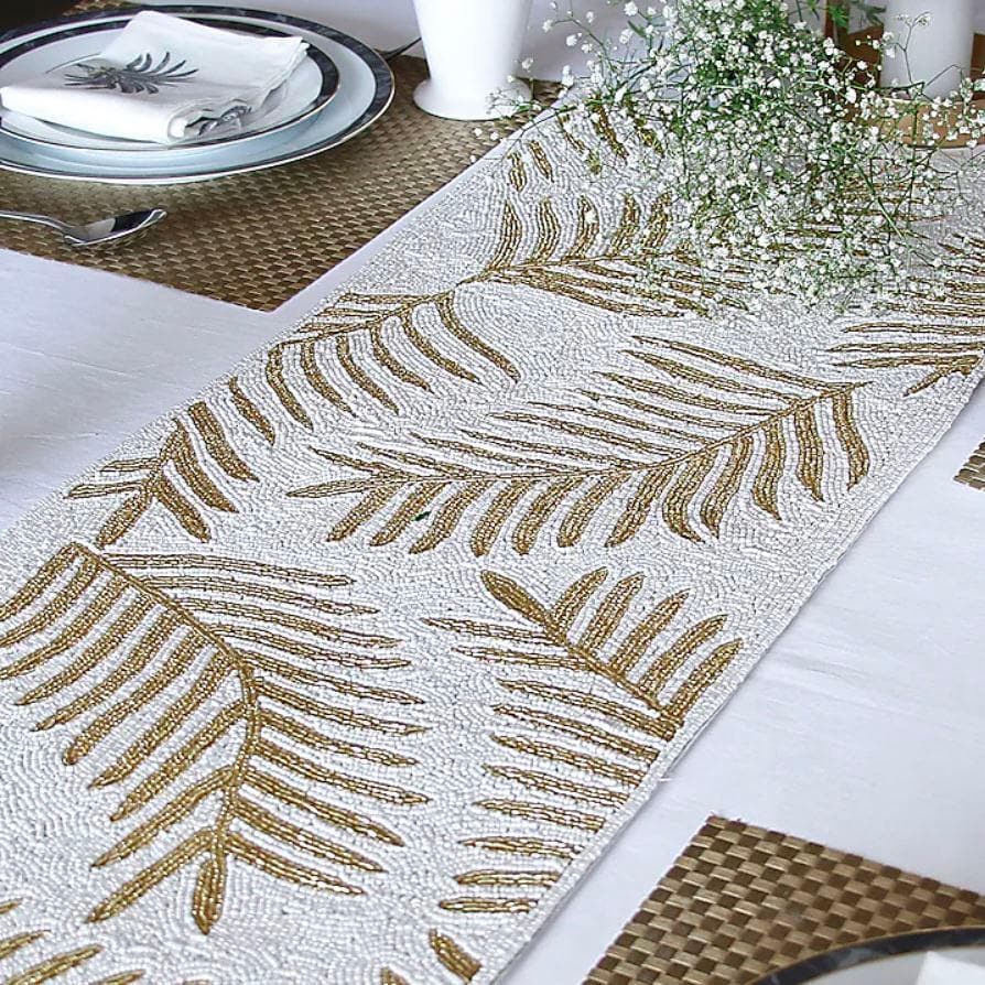 Golden Tropical Leaves Beaded Table Runner