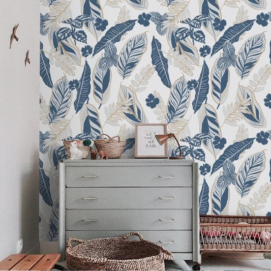 Gray and Blue Tropical Foliage Wallpaper - MAIA HOMES