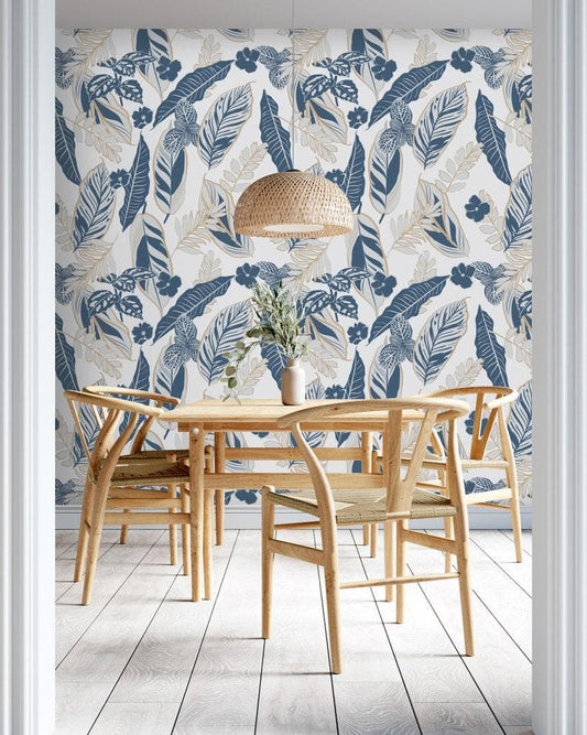 Gray and Blue Tropical Foliage Wallpaper - MAIA HOMES