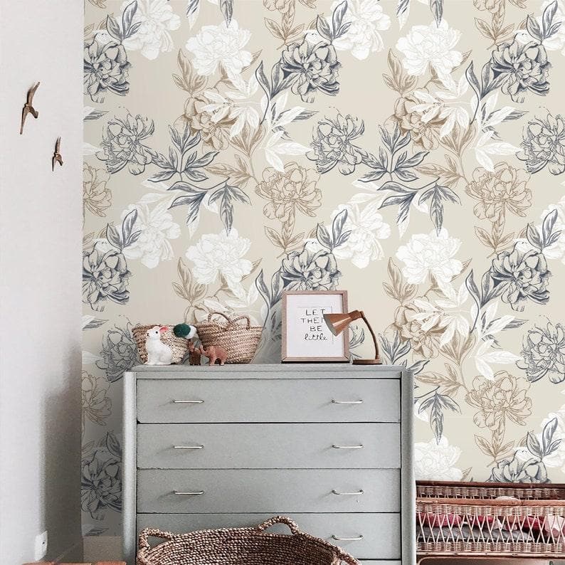 Gray and White Floral Peony Wallpaper