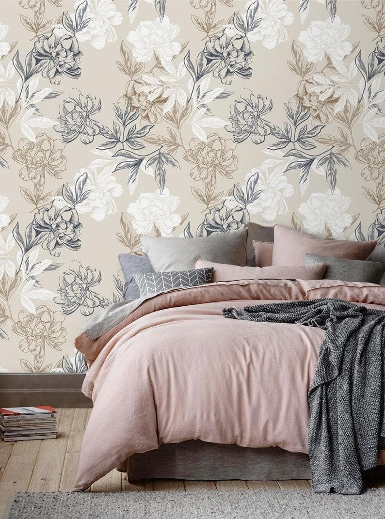 Gray and White Floral Peony Wallpaper