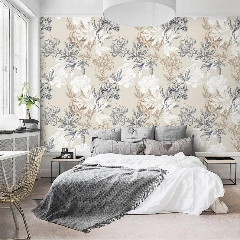 Gray and White Floral Peony Wallpaper