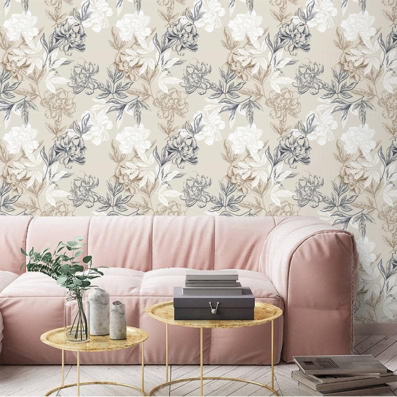 Gray and White Floral Peony Wallpaper