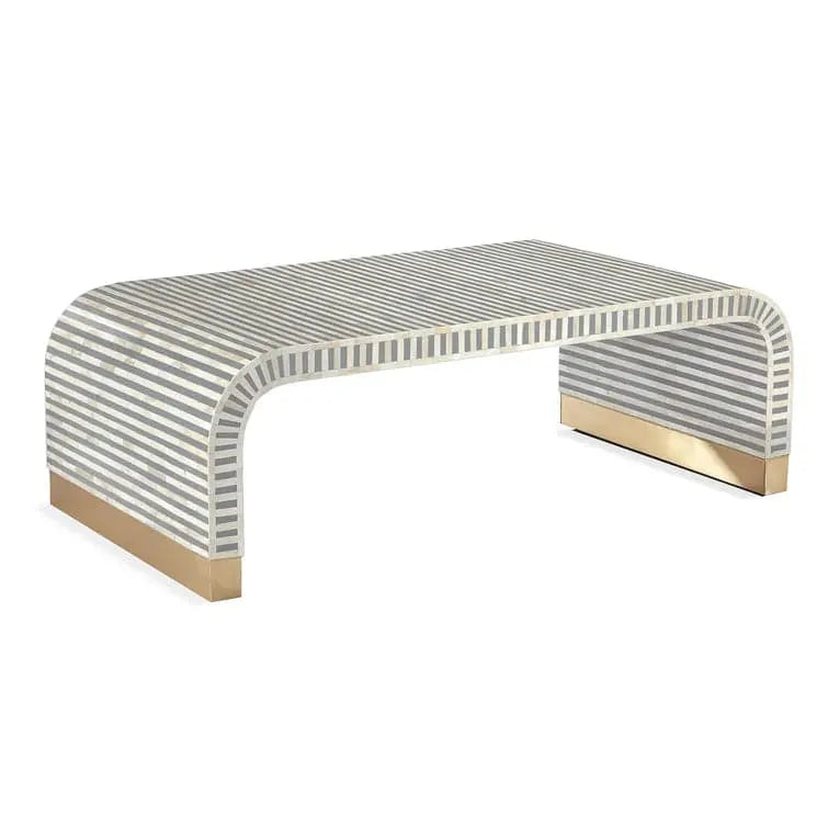 Gray and White Stripe Waterfall Bone Inlay Coffee Table with Brass Leg