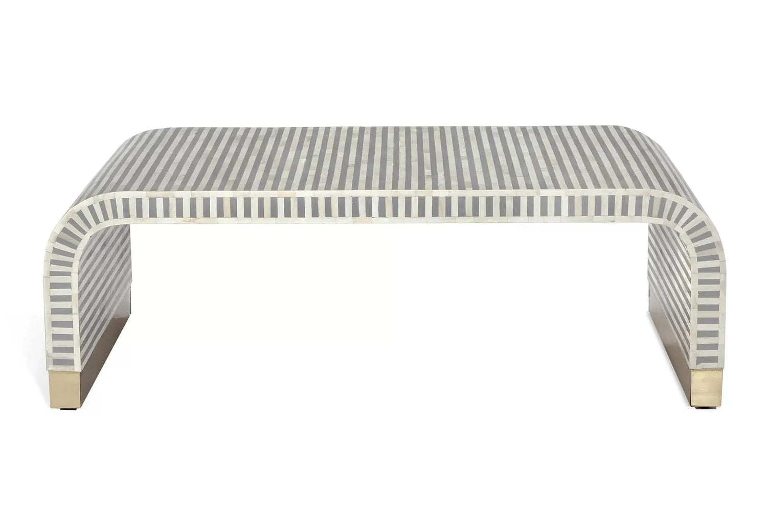 Gray and White Stripe Waterfall Bone Inlay Coffee Table with Brass Leg