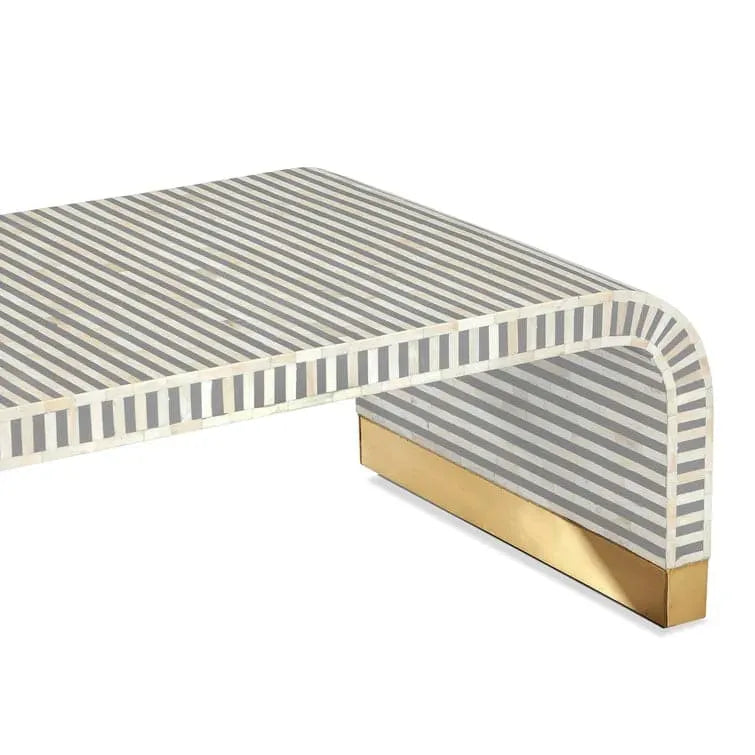 Gray and White Stripe Waterfall Bone Inlay Coffee Table with Brass Leg