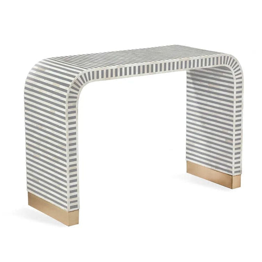 Gray and White Stripe Waterfall Bone Inlay Console Table with Brass Leg - MAIA HOMES