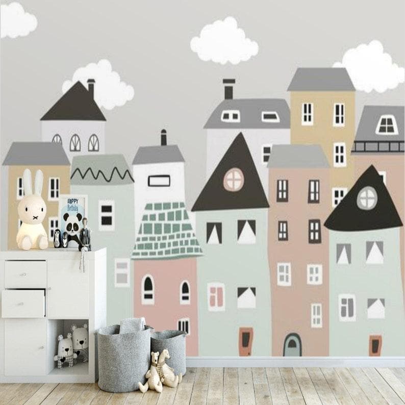 Gray City Skylines Nursery Wallpaper